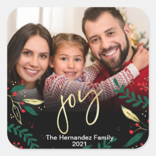 Foto: Joy Black Red Green Greenery Kerstmis Vierkante Sticker