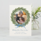 Foto Kerst Kaarten Waterverf Krans Blue Bow (Staand voorkant)