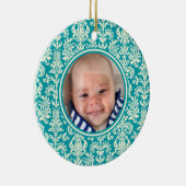 Foto Kerst Ornament-Blauw & Wit Damasks Keramisch Ornament (Rechts)