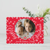 Foto Kerst Rood Schattige rendier Wit Script Feestdagenkaart (Staand voorkant)