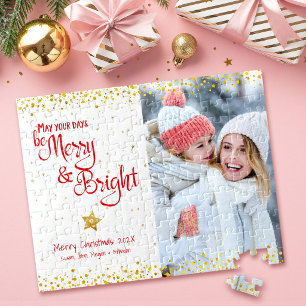 Foto Kerst vrolijk script goud glitters rood vakan Legpuzzel