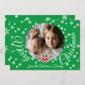 Foto Kerstmis Groen Schattige rendier Wit Script Feestdagenkaart (Voorkant / Achterkant)