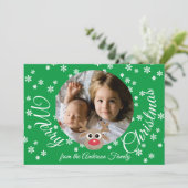 Foto Kerstmis Groen Schattige rendier Wit Script Feestdagenkaart (Staand voorkant)