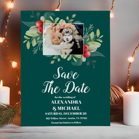 Foto Kerstmis Winter groen bruiloft Save The Date