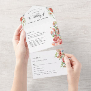 Foto, Koraal Perzik en Crème Bloemen Bruiloft, RSV All In One Uitnodiging