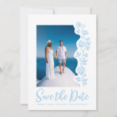 Foto Lichtblauw Hand getrokken Rozen QR Code Websi Save The Date (Voorkant)