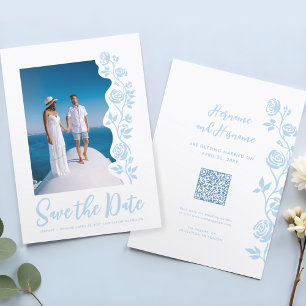 Foto Lichtblauwe met de Hand Getekende Rozen QR Co Save The Date