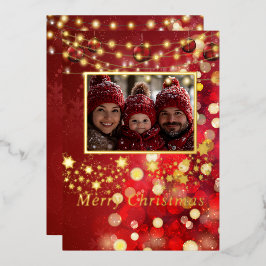  Foto Lichten Goud Sneeuwvlokken Folie Kerstkaart  Folie Feestdagenkaart