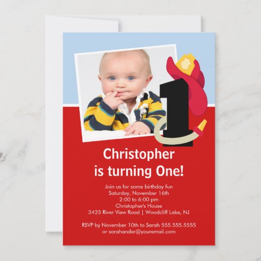 Foto: Little Firefighter Boy First Birthday Party Kaart (Voorkant)