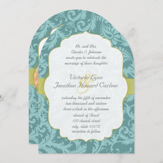 Foto  Love Bird Damask Wedding Invite Kaart (Voorkant / Achterkant)