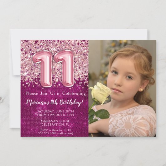 Foto Magenta Roze Glitter 11e verjaardag Kaart (Voorkant)