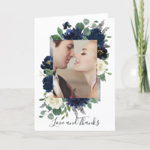 Foto Marine Blauw en Zilver Elegant Bloemen Bruilo Bedankkaart