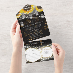 Foto Mason Jar Sunflower Black & Gold Wedding All In One Uitnodiging