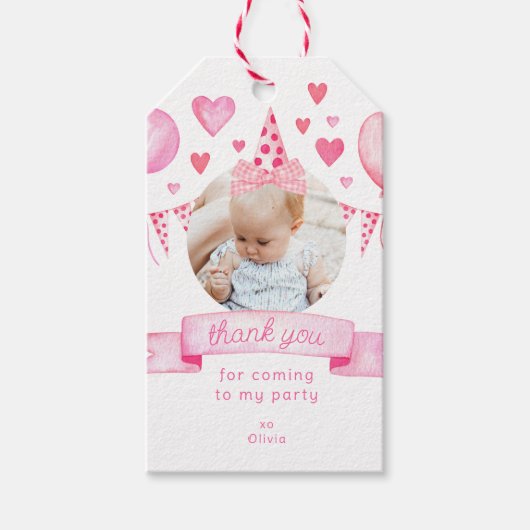 Foto Meisje Bow Coquette Roze Verjaardag Dank u Cadeaulabel (Voorkant)