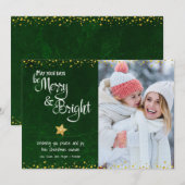 Foto Merry Bright Script Green Gold Glitter Star Feestdagenkaart (Voorkant / Achterkant)