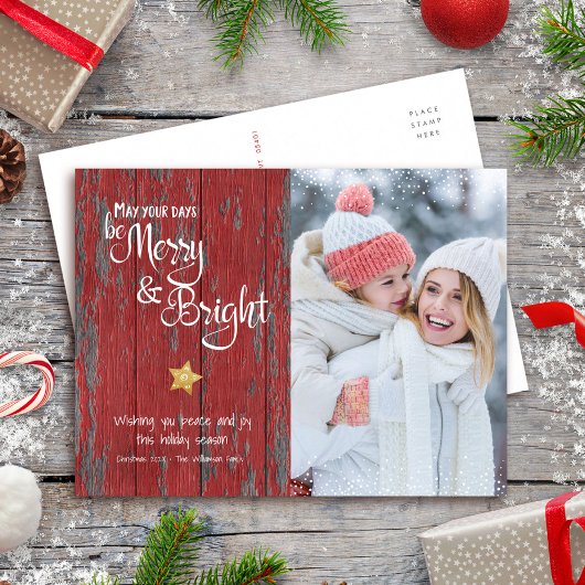 Foto Merry Bright Script Star Red Rustic Wood Feestdagenkaart
