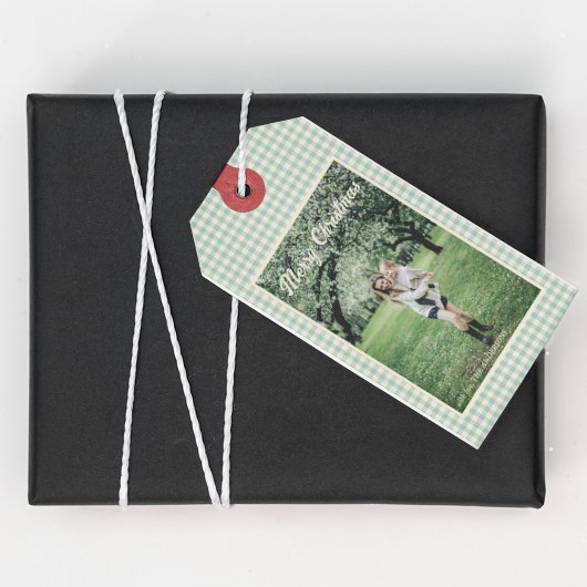 Foto Merry Christmas Green Plaid Gingham Rustic Cadeaulabel