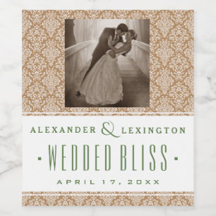 Foto met Damask Natuurlijke en Groene Bruiloft Wijn Etiket