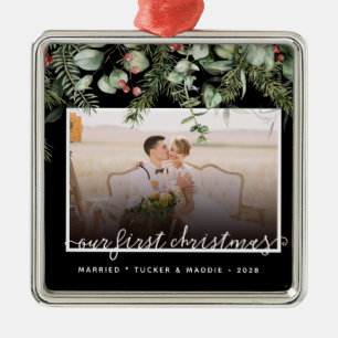 Foto met eerste kerstfeest, gehuwd Wintergroen Metalen Ornament