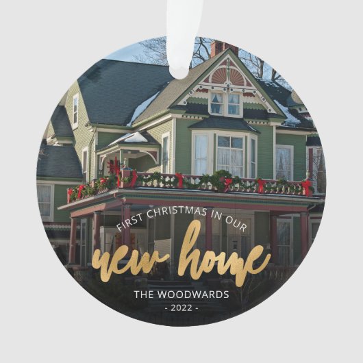 Foto met eerste kerstkerst Nieuw Home Gold-script Ornament (voorkant)