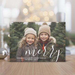 Foto met enorm MERRY-schrift wit overlay - groen Feestdagenkaart