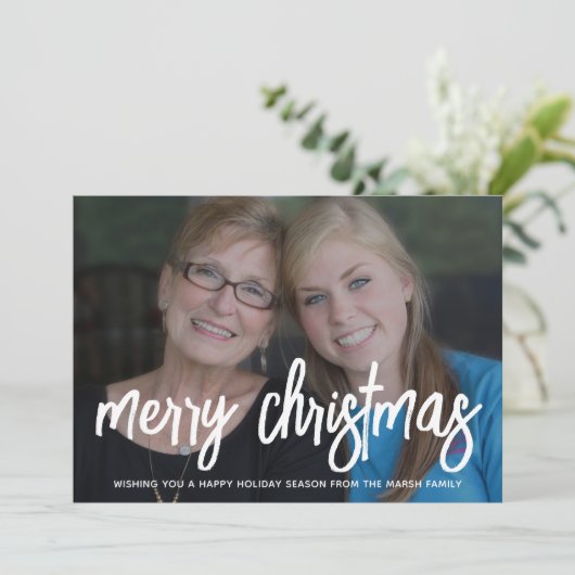 Foto met enorme MERRY script witte bedekking - tau Feestdagenkaart (Staand voorkant)