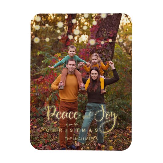 Foto met kerstlampjes Peace Joy Whimsical-script Magneet (Verticaal)