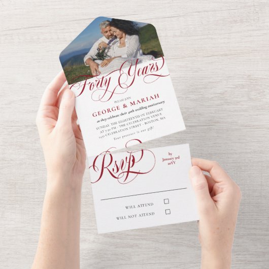 Foto met robijnrode krullen 40ste huwelijksverjaar all in one uitnodiging (Afscheurbaar)