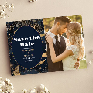 Foto Middenblauw Goud Hemels Huwelijk Save The Date