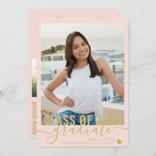 Foto Modern Blush Pink Afstuderen Open House Aankondiging (Voorkant / Achterkant)