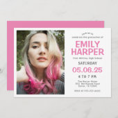 Foto Modern Roze Typografie Afstuderen Invitation Kaart (Voorkant / Achterkant)
