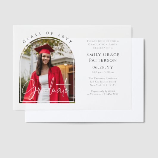 Foto Moderne Boog Afgewezen Script Afstudeerfeest Vellum Uitnodigingen (Offset)