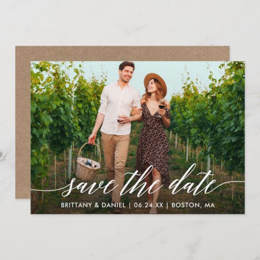 Foto Moderne Calligrafie Script Kraft Couple Save The Date (Voorkant / Achterkant)