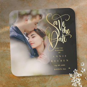 Foto Moderne Save-the-Date Elegante Gouden Schrift Vierkante Kartonnen Onderzetter