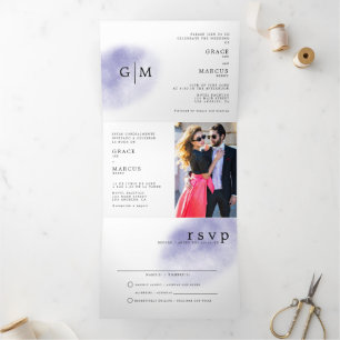 Foto Monogram Bilingual Wedding Invitation Blue Drieluik Uitnodiging