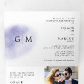 Foto Monogram Tweetalige Huwelijksuitnodiging Blau Drieluik Uitnodiging (Binnenzijde eerst)