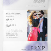 Foto Monogram Tweetalige Huwelijksuitnodiging Blau Drieluik Uitnodiging (Binnenkant midden)