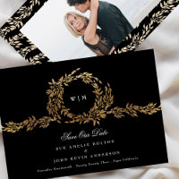 Foto Monogram Zwart Crest Klassiek Goud Bruiloft