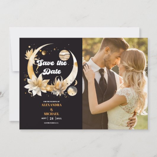 Foto Mystiek Zwart Goud Hemelse Bruiloft Save The Date (Voorkant)