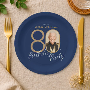 Foto Navy Blauwe Gouden Elegante 80ste Verjaardag  Papieren Bordje