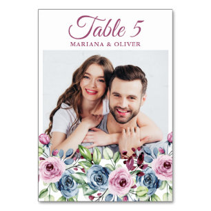 Foto Navy Blue Burgundy Floral Wedding Table Numbe Kaart