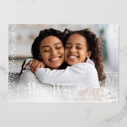 Foto: New Year Cheer Script Confetti Real Silver Folie Feestdagenkaart (Voorkant)
