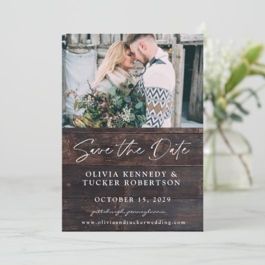 Foto op Wood Rustic Save the Date Uitnodiging (Staand voorkant)