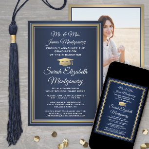 Foto & Ouders Namen Navy & Gold Graduparty Kaart