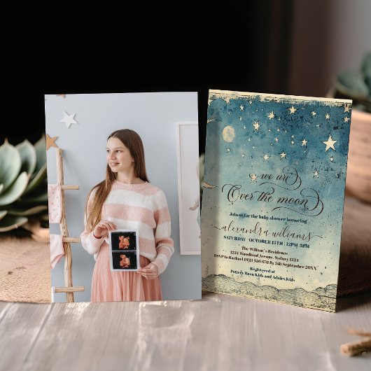 Foto Over the Moon Stars Blue Baby shower Kaart