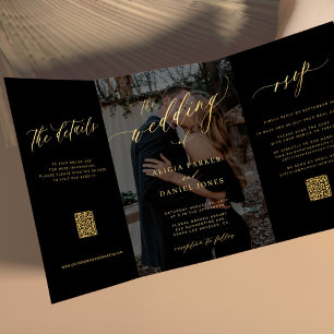Foto overlay goud zwart RSVP details QR bruiloft Drieluik Uitnodiging