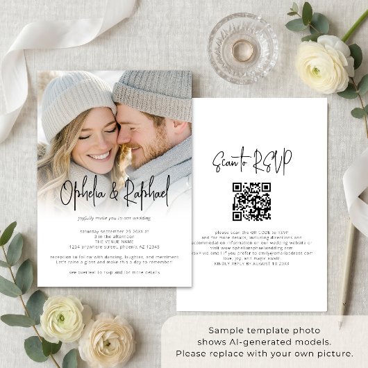 Foto-overlay informele script QR-code bruiloft Kaart