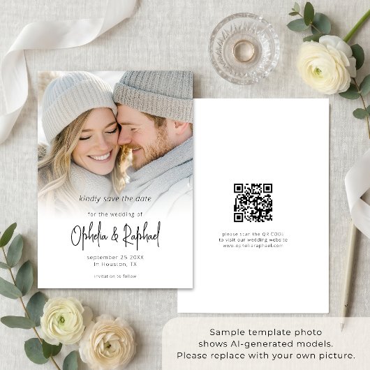 Foto-overlay Moderne Script QR-code Trouwen Save The Date