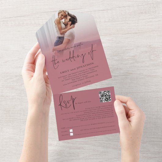 Foto Overlay QR Code Roos Goud Script Bruiloft All In One Uitnodiging (Afscheurbaar)