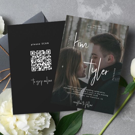 Foto-overlay QR-code RSVP-namen script bruiloft Kaart